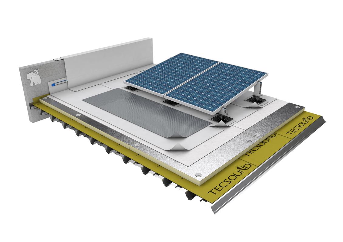 CUBIERTA DECK ACÚSTICA CON IMPERMEABILIZACIÓN SINTÉTICA PVC FIJADA MECÁNICAMENTE, AISLAMIENTO PIR Y SOPORTES SOPRASOLAR