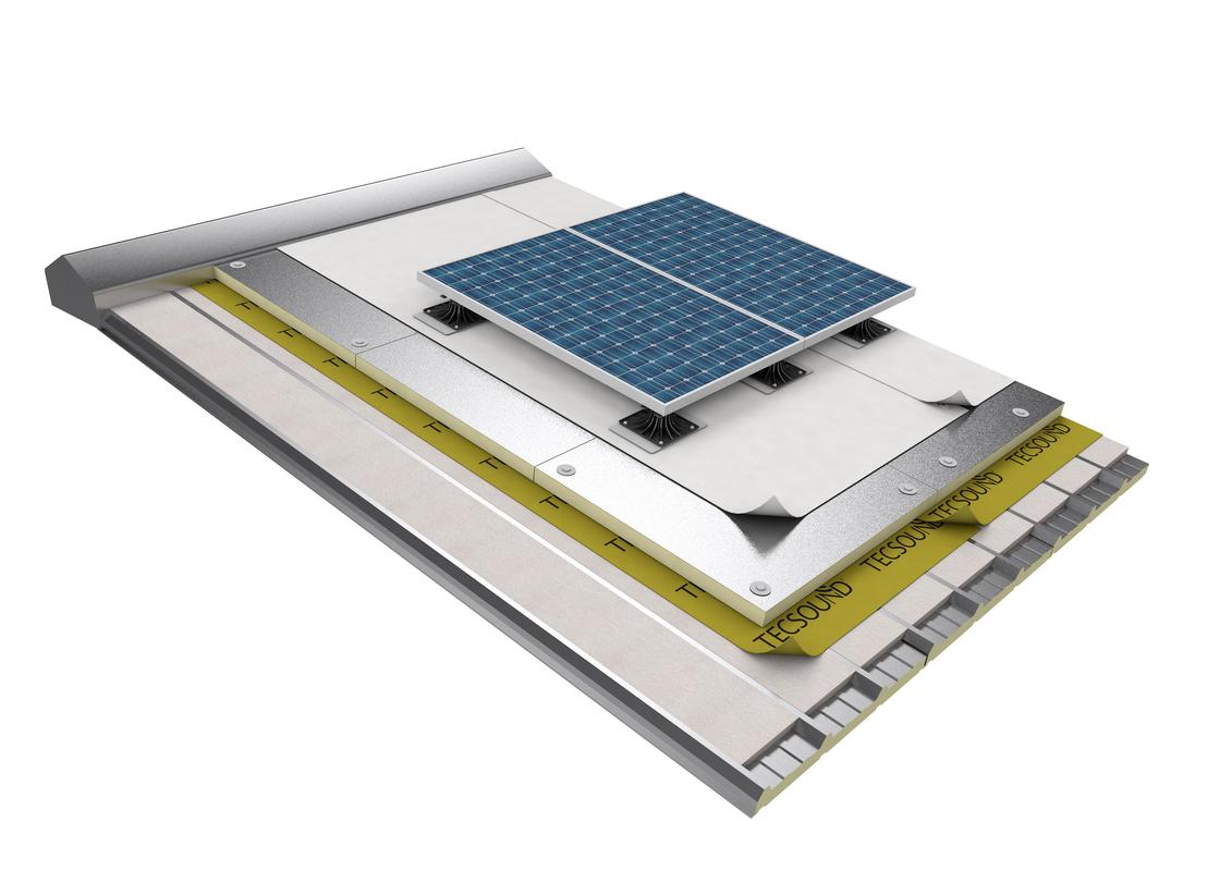 REHABILITACIÓN DE CUBIERTA DE CHAPA CON SISTEMA DE IMPERMEABILIZACIÓN SINTÉTICA PVC, AISLAMIENTO ACÚSTICO TECSOUND, AISLAMIENTO TÉRMICO EPS Y PIR Y SOPORTES SOPRASOLAR