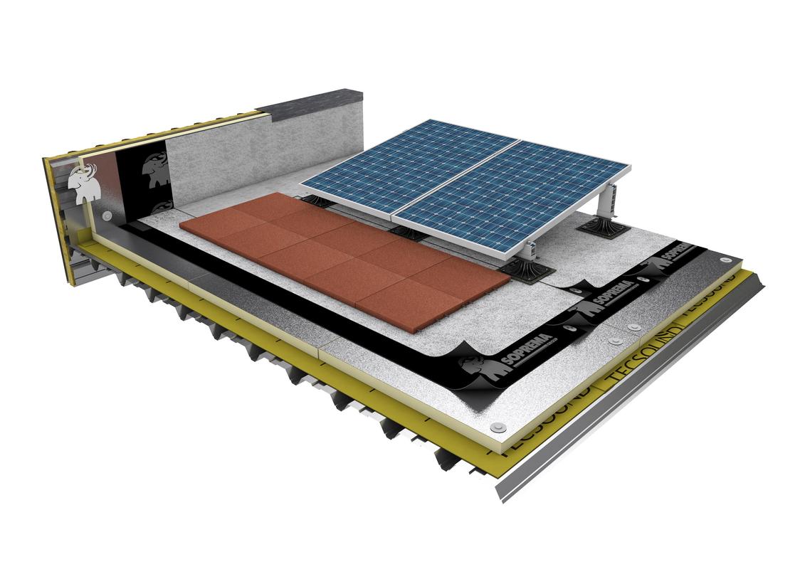 CUBIERTA DECK ACÚSTICA CON IMPERMEABILIZACIÓN BITUMINOSA BICAPA D-TOX FIJADA MECÁNICAMENTE, AISLAMIENTO PIR Y SOPORTES SOPRASOLAR®