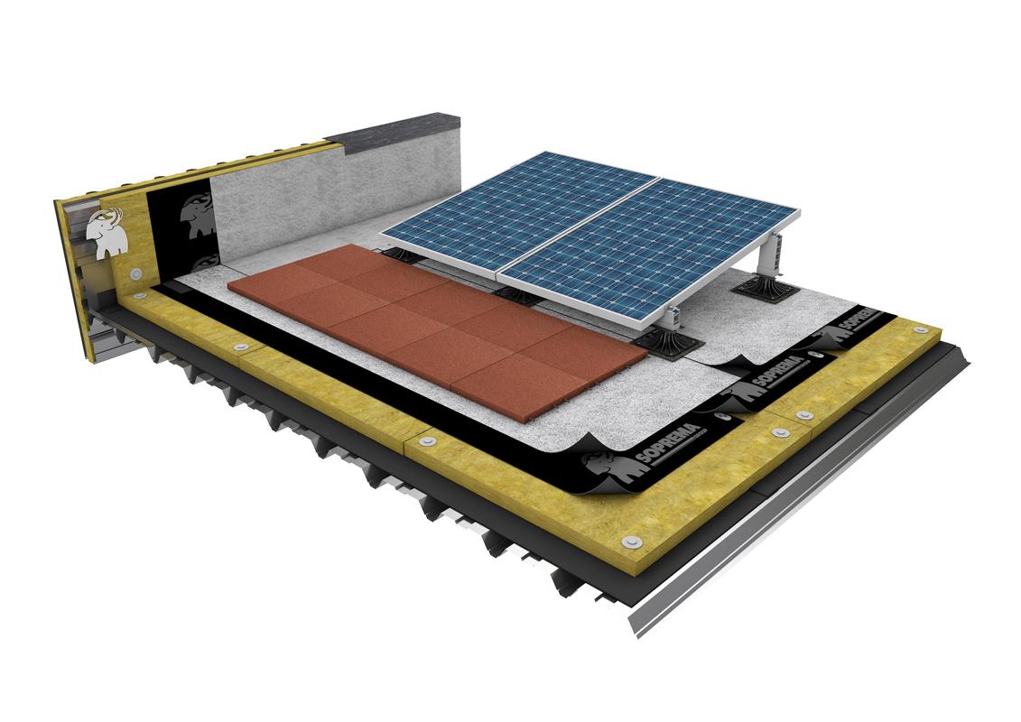 CUBIERTA DECK CON IMPERMEABILIZACIÓN BITUMINOSA BICAPA D-TOX FIJADA MECÁNICAMENTE, AISLAMIENTO LANA MINERAL Y SOPORTES SOPRASOLAR