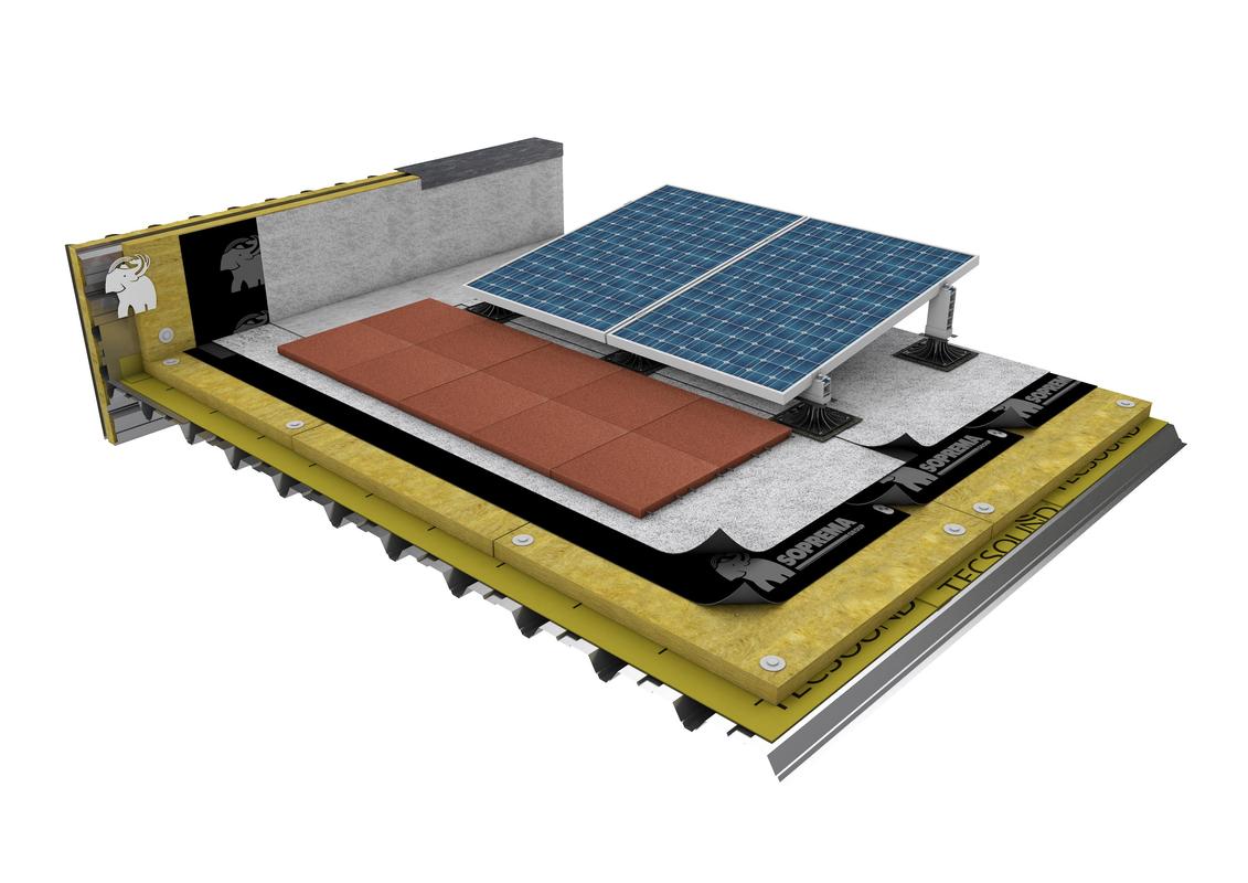 CUBIERTA DECK ACÚSTICA CON IMPERMEABILIZACIÓN BITUMINOSA BICAPA D-TOX FIJADA MECÁNICAMENTE, AISLAMIENTO LANA MINERAL Y SOPORTES SOPRASOLAR