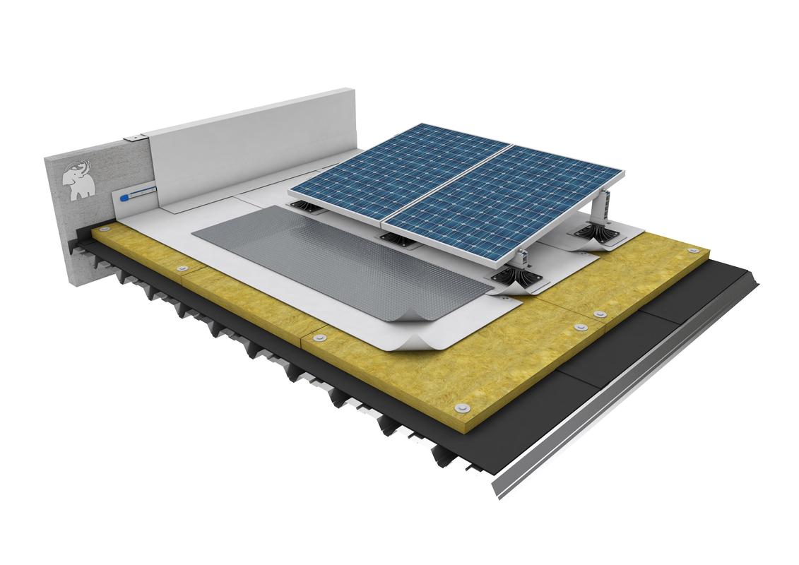 CUBIERTA DECK CON IMPERMEABILIZACIÓN SINTÉTICA TPO FIJADA MECÁNICAMENTE, AISLAMIENTO LANA MINERAL Y SOPORTES SOPRASOLAR